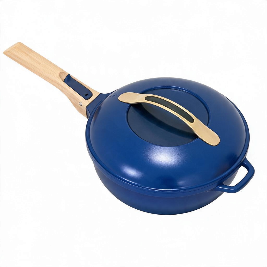 whb-superb COOKUT 8-in-1-Pfanne in Saphirblau mit Holzgriff und Glasdeckel, 24 cm Durchmesser