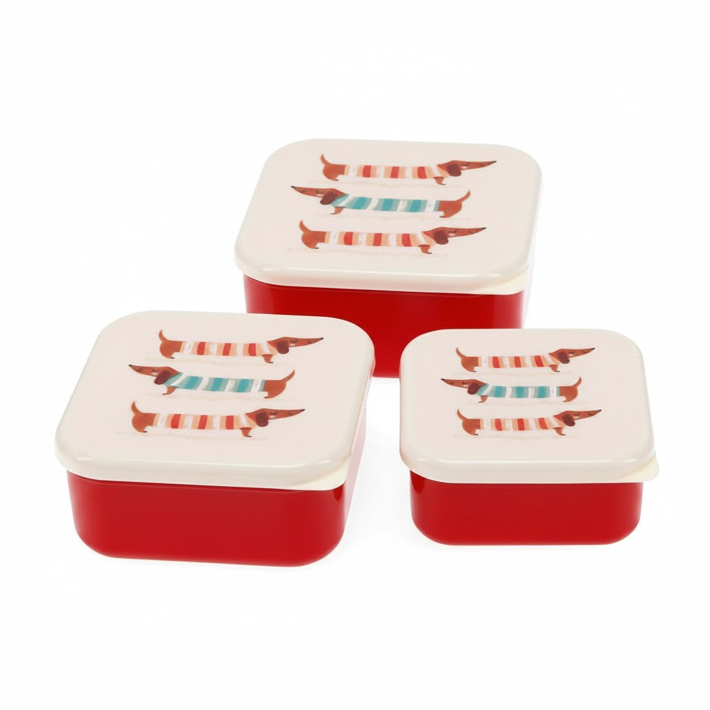 whb-superb 3er Set quadratische Snackdosen aus Kunststoff mit niedlichem Dackel-Motiv in Rot und Creme