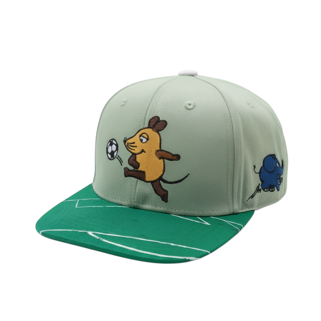 whb-superb Die Maus Snapback Kappe in Grün mit Fußball-Stickerei und blauem Elefanten-Motiv für Kinder