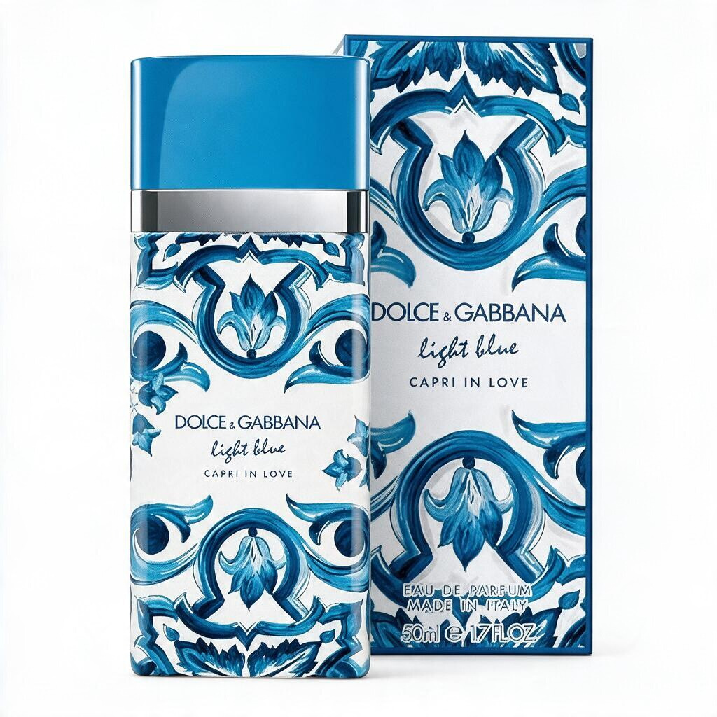 whb-superb Dolce & Gabbana Light Blue Capri in Love Eau de Parfum Flakon mit blau-weißem Majolika-Muster und Umkarton
