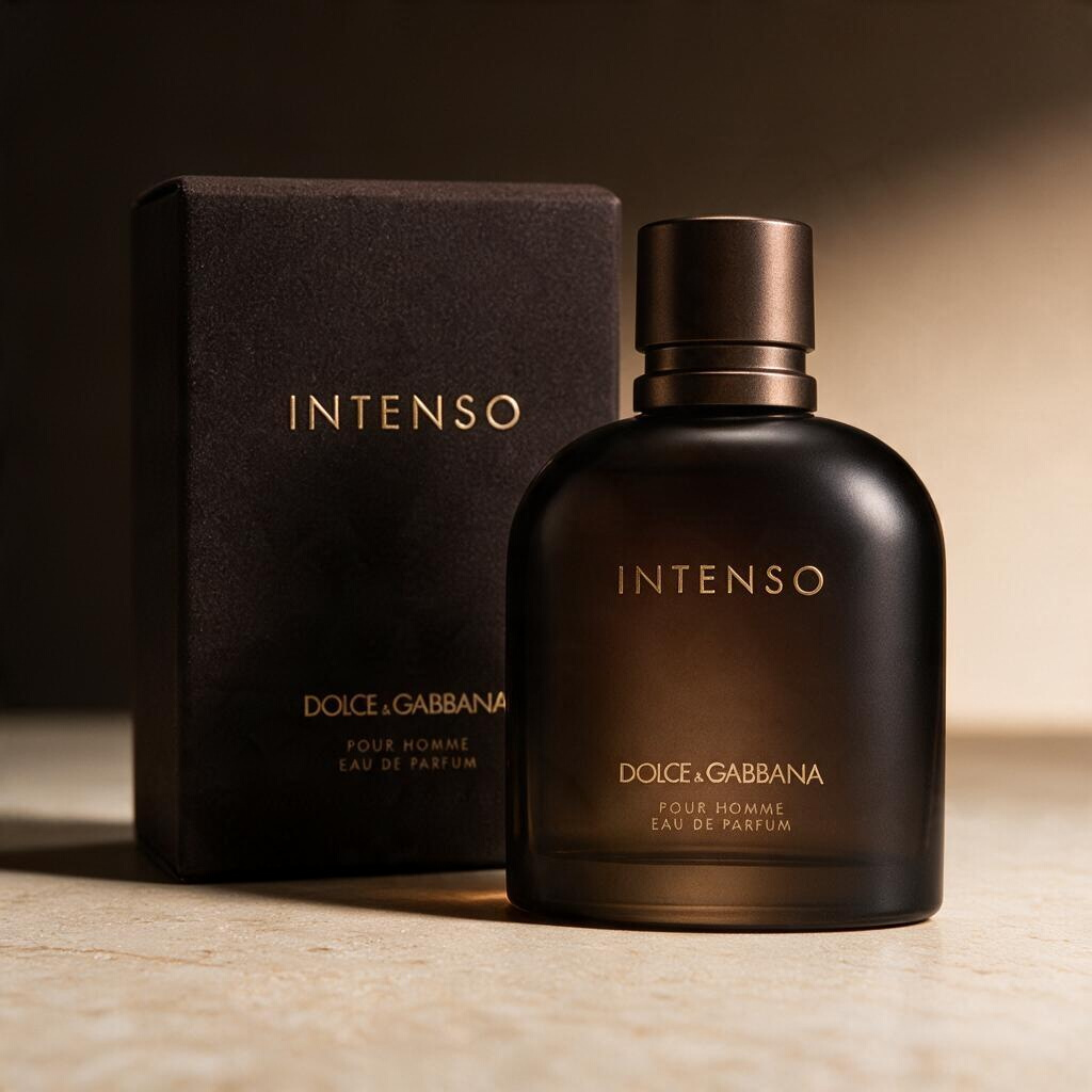whb-superb Dolce & Gabbana Pour Homme Intenso Eau de Parfum Flakon mit schwarzer Verpackung auf steinigem Untergrund