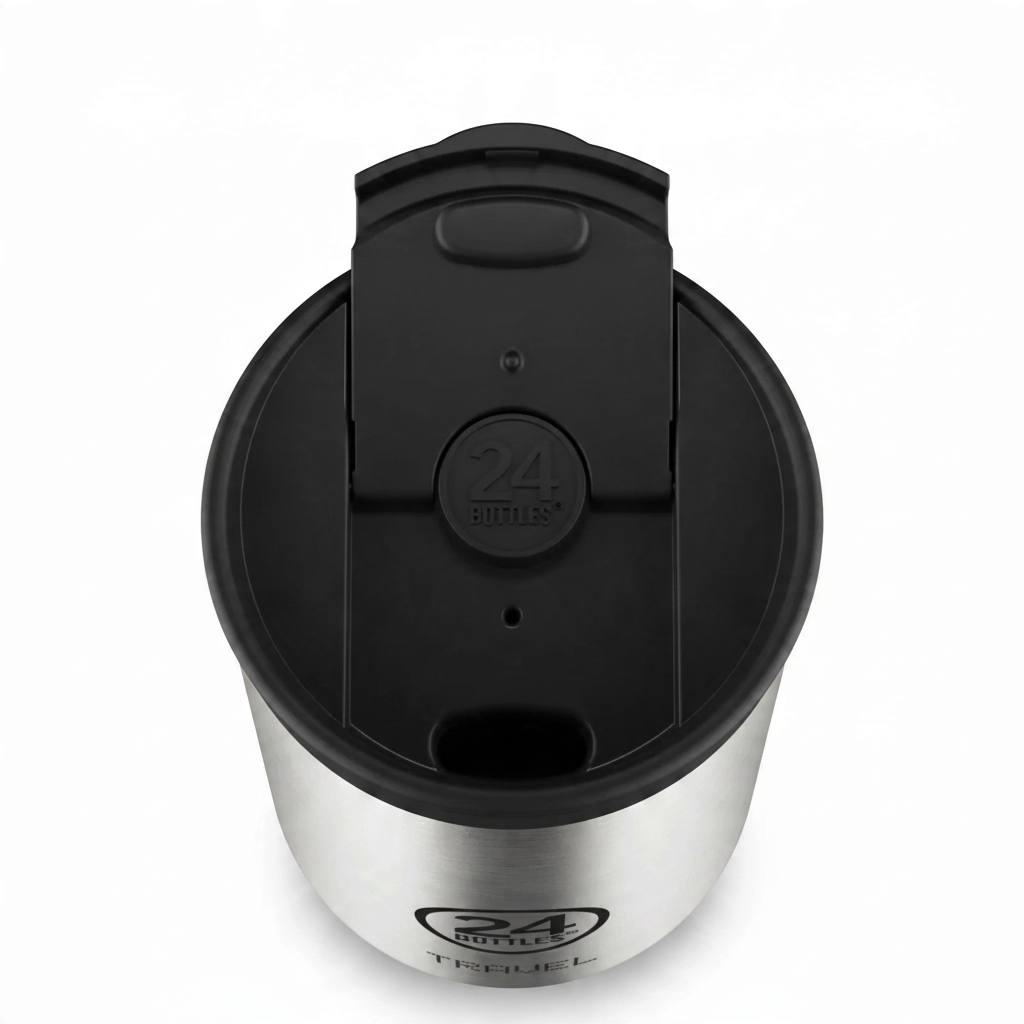 whb-superb 24BOTTLES Travel Tumbler aus Edelstahl in Silber mit schwarzem luftdichtem Verschluss von oben