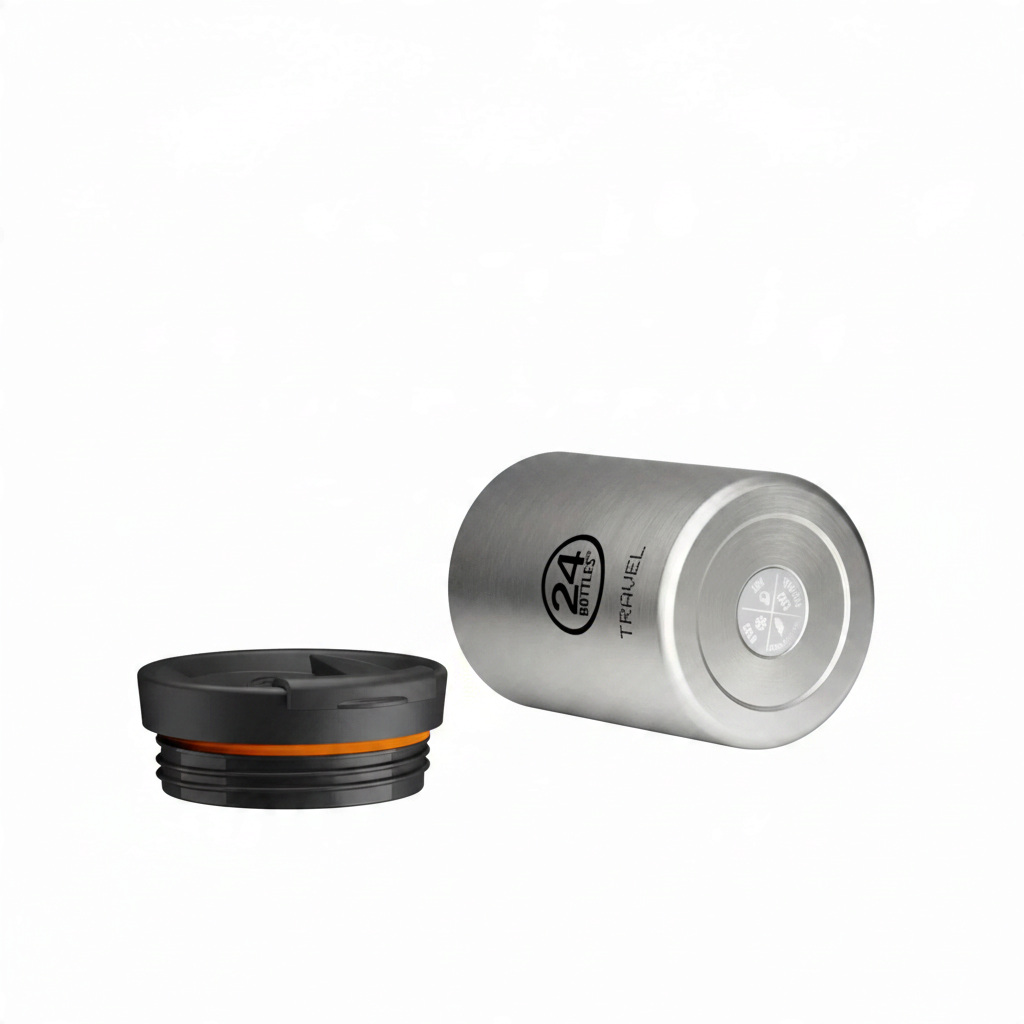 whb-superb 24BOTTLES Travel Tumbler aus silbernem Edelstahl mit schwarzem Deckel, liegend auf weißem Hintergrund