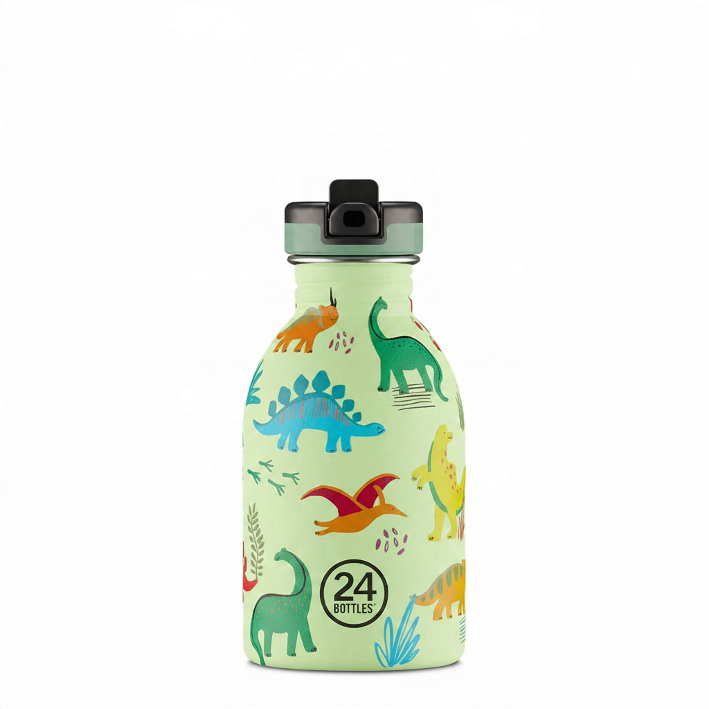 whb-superb 24BOTTLES Edelstahl-Trinkflasche 250 ml mit buntem Dinosaurier-Motiv Jurassic Friends Stone und Strohhalm