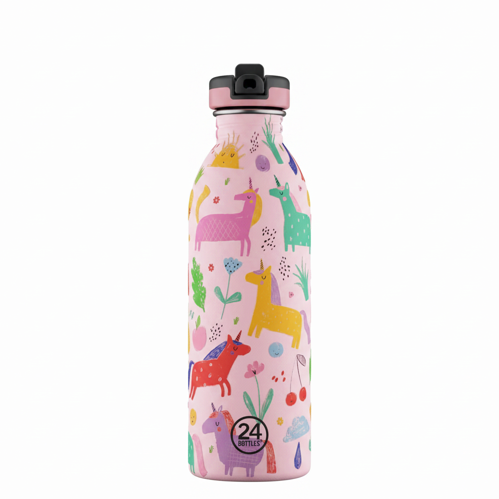 whb-superb 24Bottles Edelstahl Trinkflasche 500ml mit buntem Einhorn-Muster und Strohhalm in Magic Friends Stone