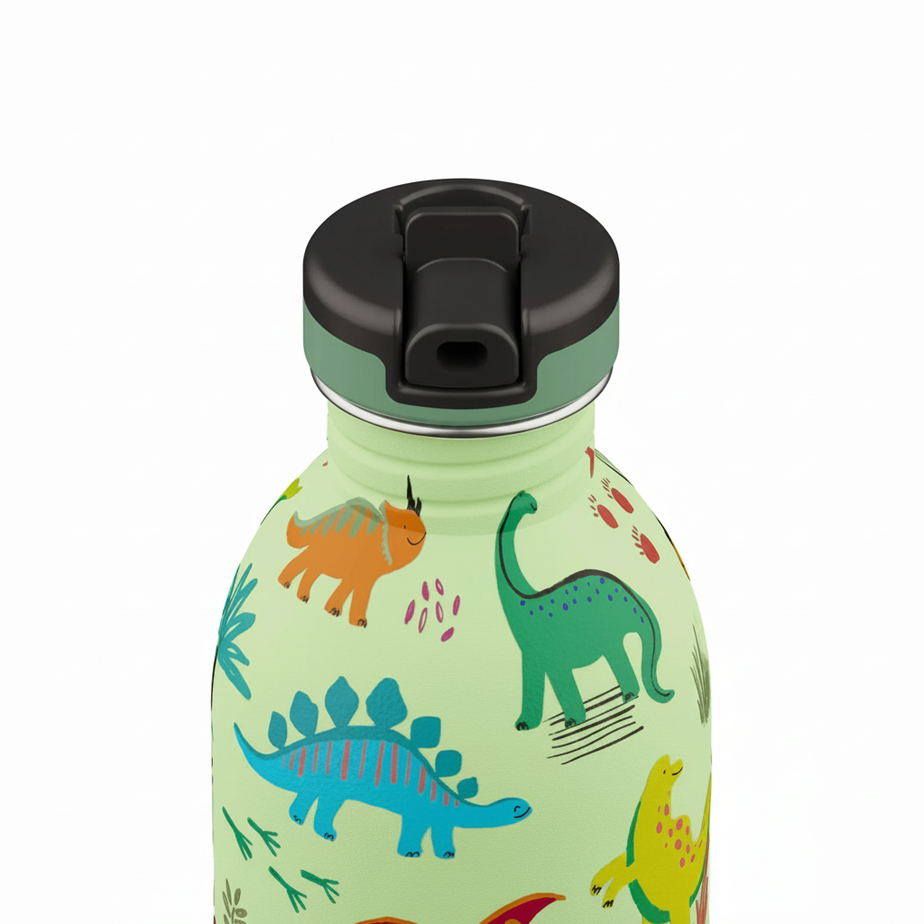 whb-superb 24BOTTLES Edelstahl-Trinkflasche für Kinder mit Dinosaurier-Motiv Jurassic Friends Stone und Strohhalm
