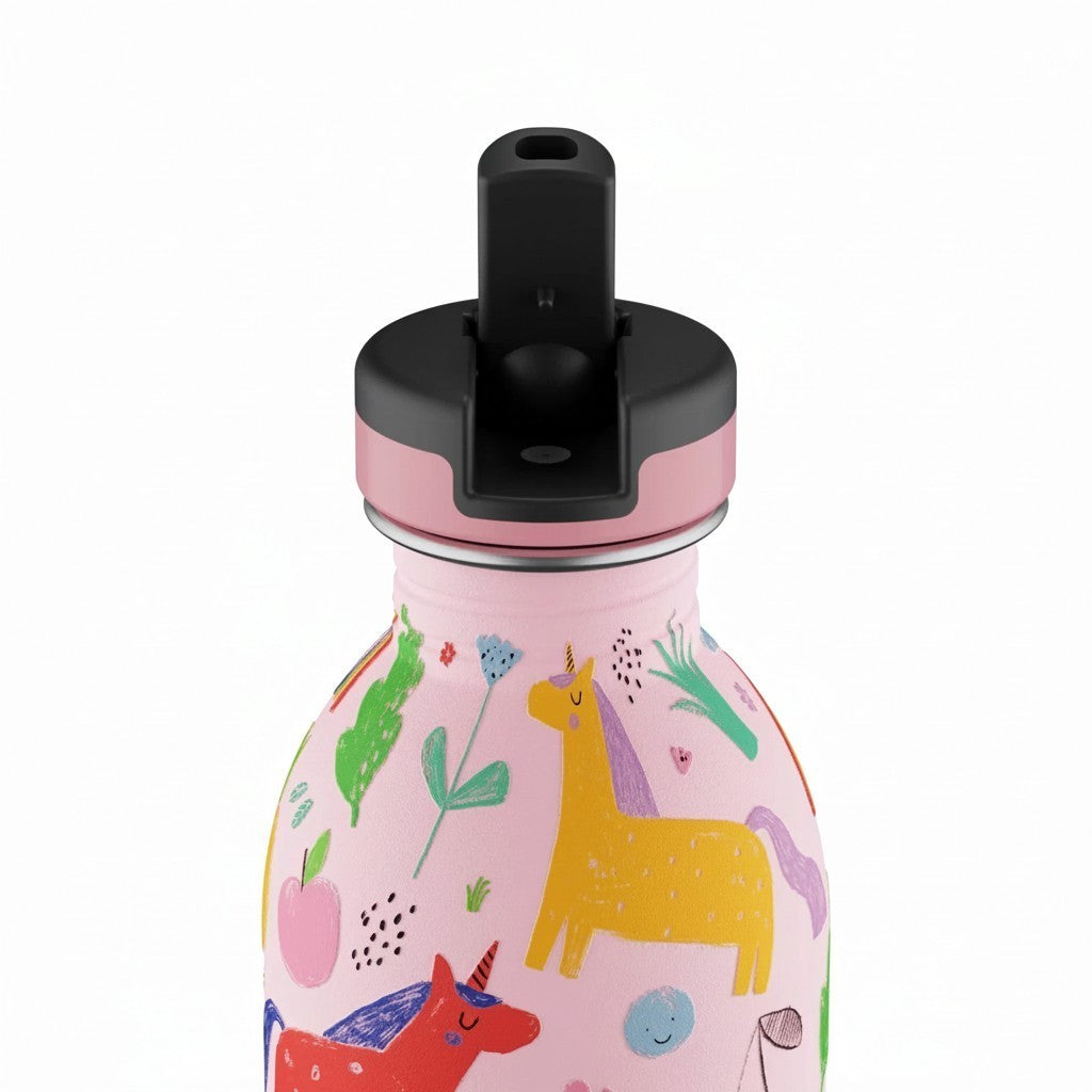 whb-superb 24BOTTLES Kinder-Trinkflasche aus Edelstahl in Magic Friends Stone mit Strohhalm und buntem Einhorn-Motiv
