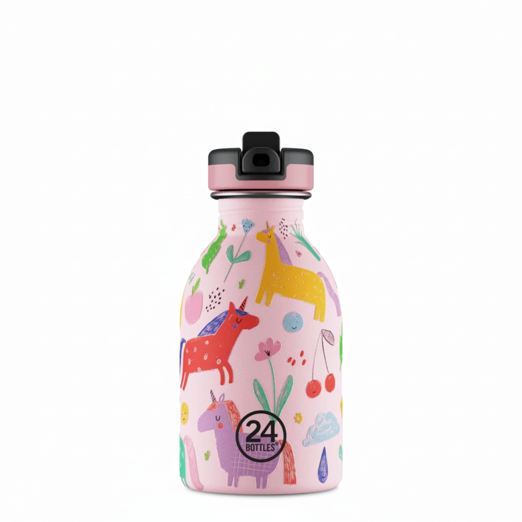 whb-superb 24BOTTLES Kinder-Trinkflasche aus Edelstahl in Magic Friends Stone mit buntem Einhorn-Motiv und Strohhalm