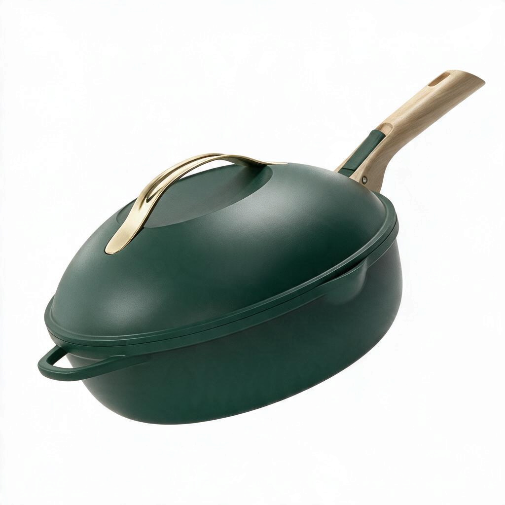 whb-superb COOKUT 8-in-1-Pfanne in Eukalyptusgrün mit abnehmbarem Holzgriff und goldenem Deckelgriff