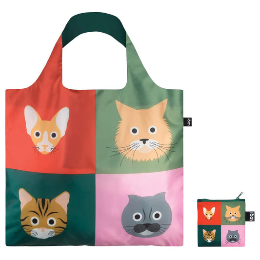 whb-superb LOQI faltbare Einkaufstasche aus Polyester mit buntem Katzen- und Hunde-Motiv und passendem Zip-Etui