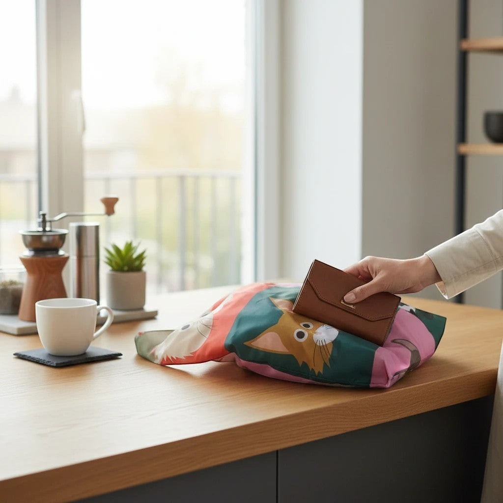whb-superb LOQI Faltbare Einkaufstasche mit buntem Katzen-Motiv aus Polyester auf einem Holztisch liegend