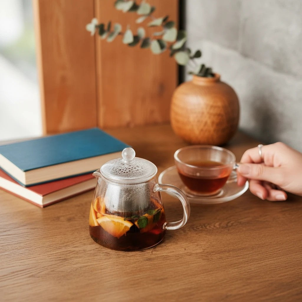 whb-superb Glasteekanne mit Teesieb und Früchtetee auf einem Holztisch neben Büchern und einer Teetasse