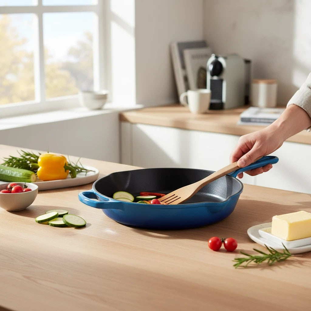 whb-superb Gusseisen-Bratpfanne 26 cm in Azure mit Antihaftbeschichtung, ideal für Induktion und Schmoren.