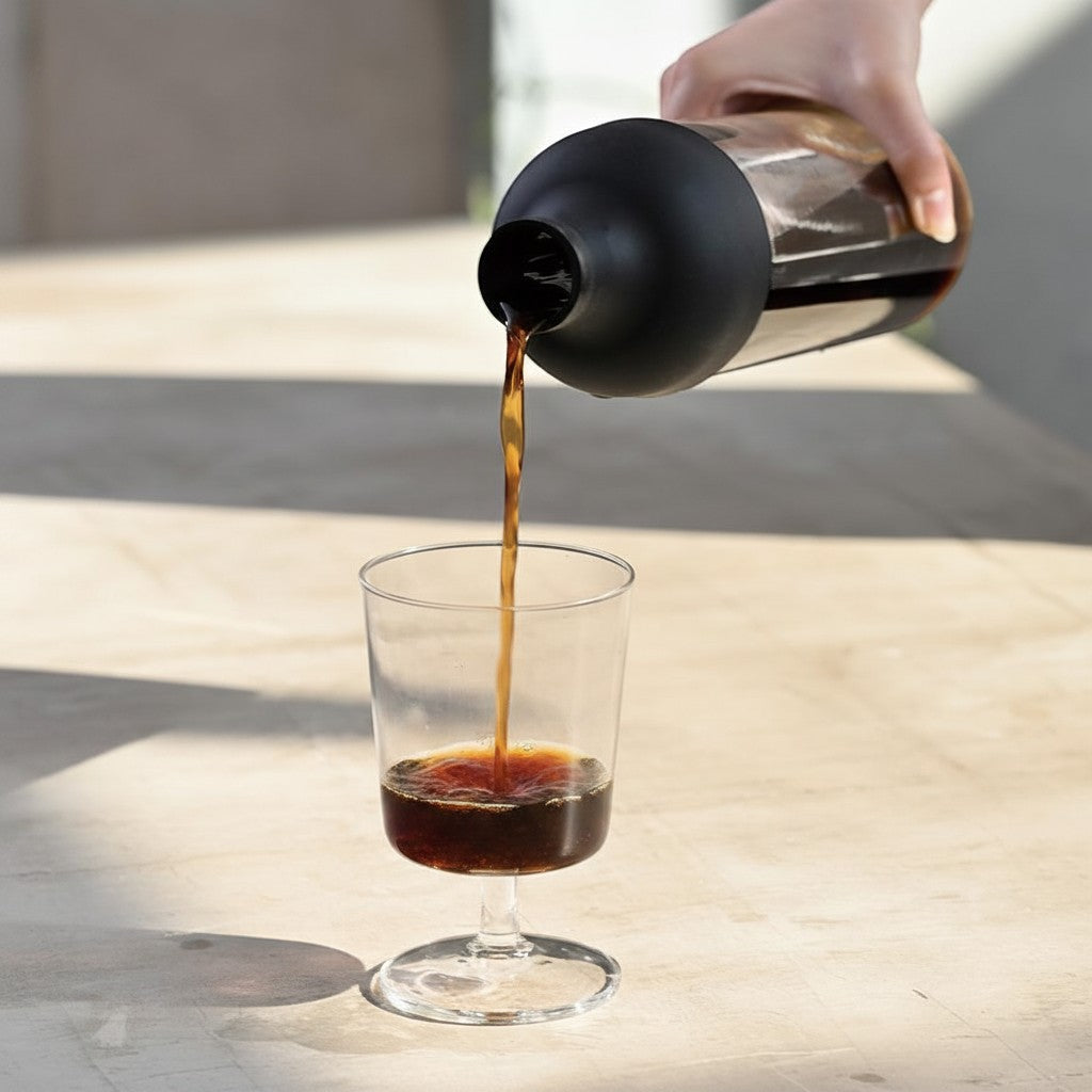 whb-superb Hario Cold Brew Weinflasche aus Glas beim Einschenken von Kaffee in ein Glas