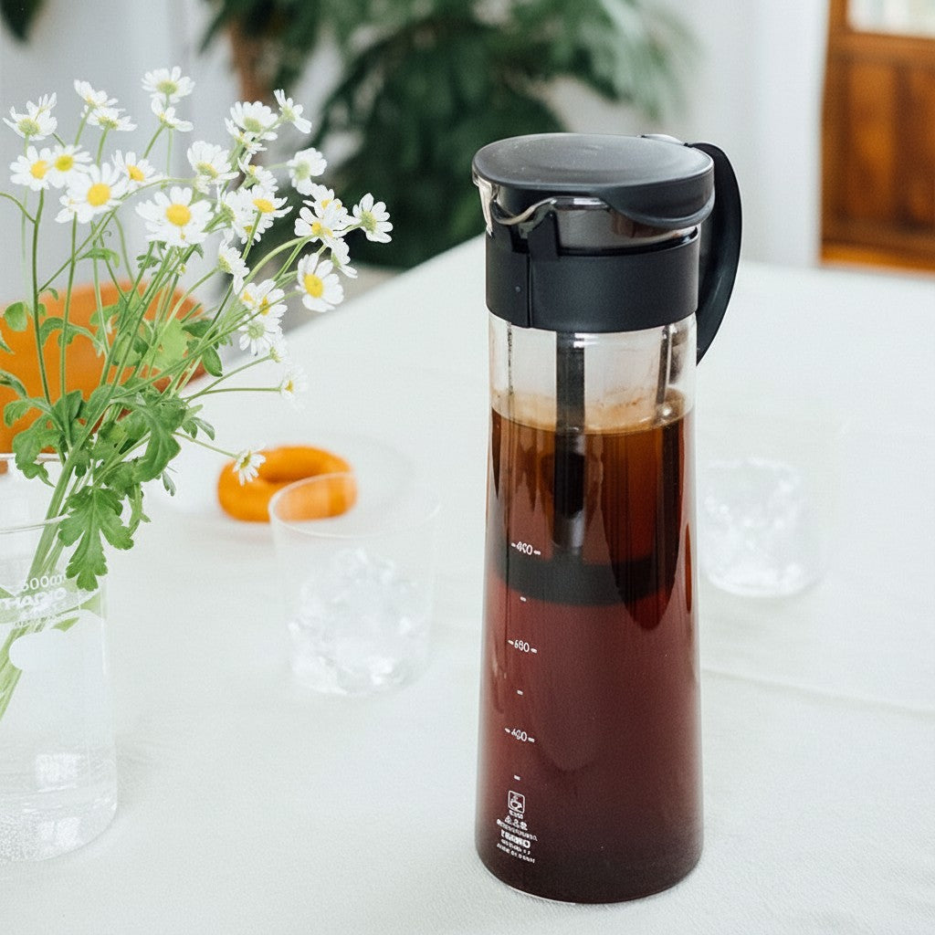 whb-superb HARIO Cold Brew Kaffeekanne aus Glas mit schwarzem Deckel und integriertem Sieb für 1000 ml Eiskaffee