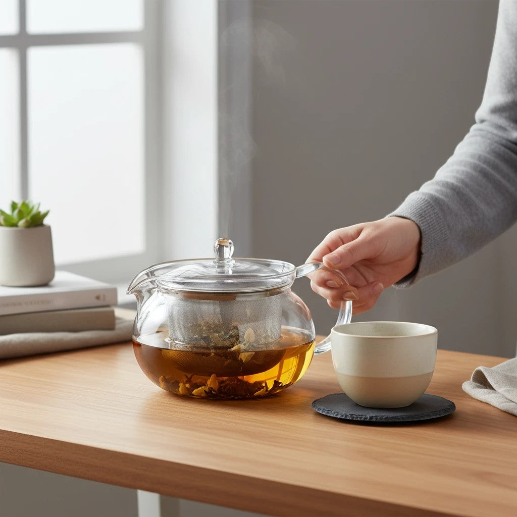 whb-superb HARIO Glasteekanne 450ml mit Edelstahlsieb auf einem Holztisch beim Einschenken von Tee
