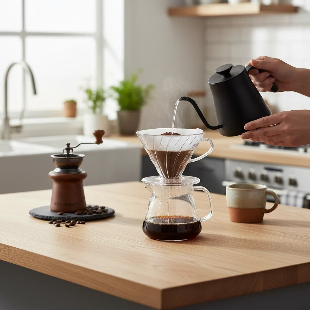 Transparenter HARIO Kaffee-Dripper VDR-01-T von whb-superb bei der Kaffeezubereitung mit Schwanenhalskessel in der Küche