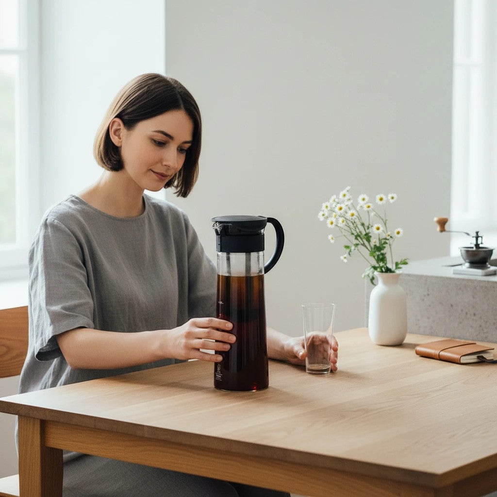 whb-superb Hario Mizudashi Cold Brew Kaffeekanne aus Glas mit schwarzem Filter und Deckel auf einem Holztisch