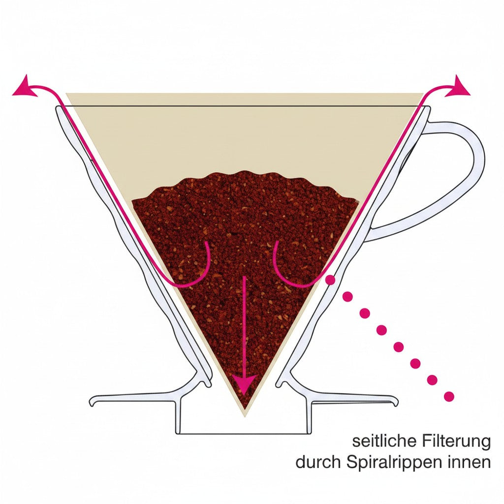 whb-superb Hario V60 Kaffeefilter Grafik zeigt die seitliche Filterung durch interne Spiralrippen im Kegel