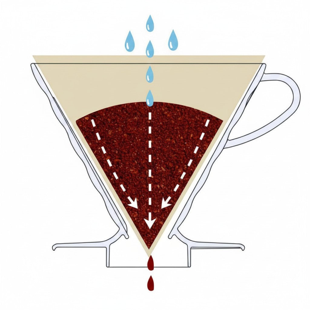 whb-superb Hario V60 Kaffeetropfer Illustration zeigt den Brühvorgang mit Kaffeepulver und Wassertropfen