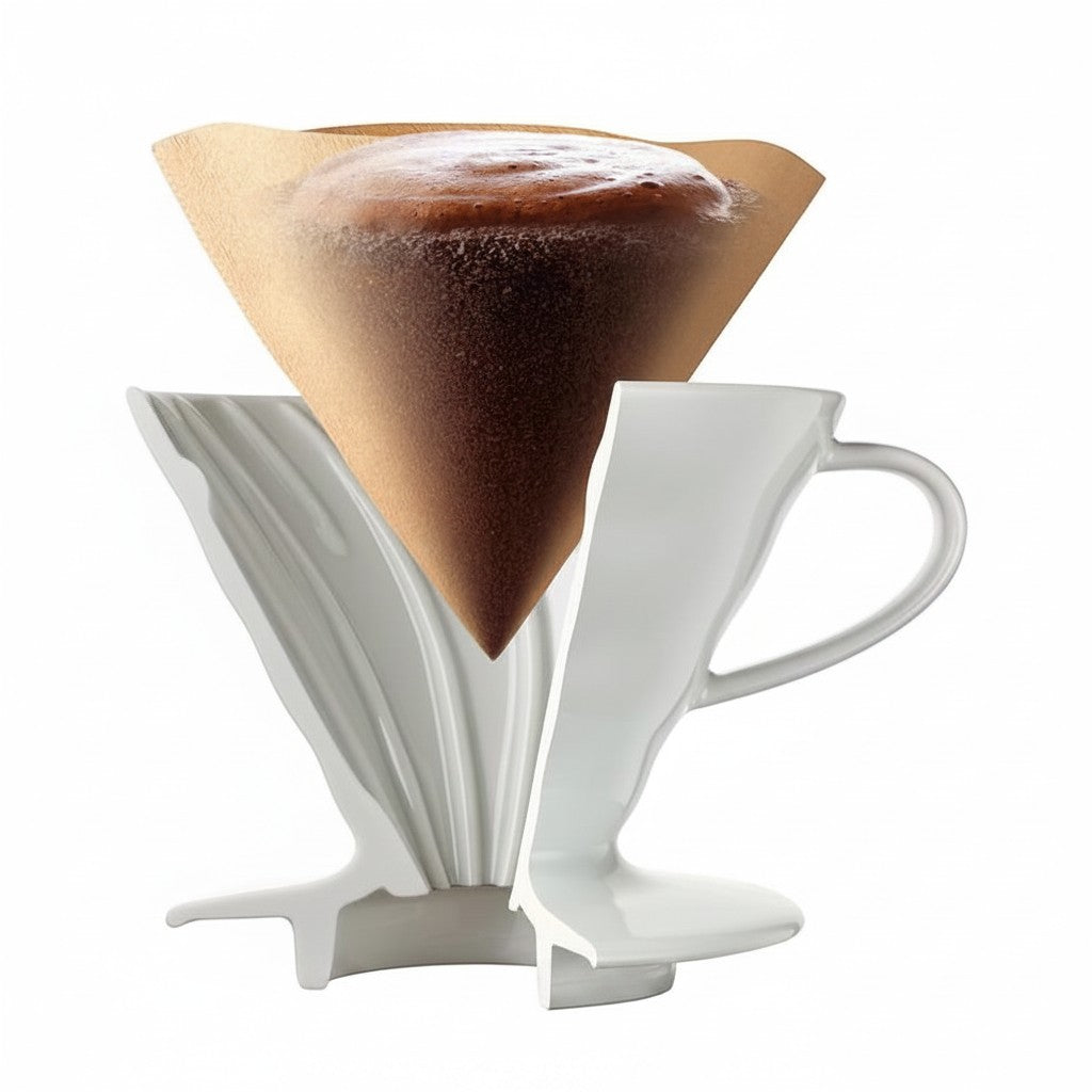 whb-superb HARIO V60 02 Keramik Kaffeefilter in Weiß mit eingesetztem Papierfilter und gebrühtem Kaffee