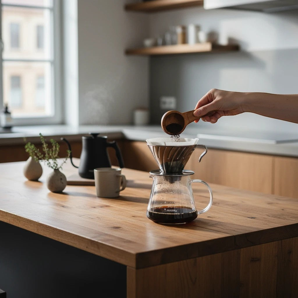 whb-superb Hario V60 Metal Dripper 02 Kaffeefilterhalter aus Metall beim Befüllen mit Kaffeepulver in einer Küche