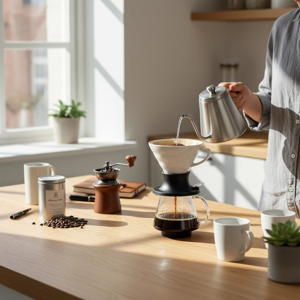 whb-superb HARIO V60 Switch Kaffeebereiter aus weißer Arita-Yaki Keramik bei der Zubereitung von Pour-Over Kaffee