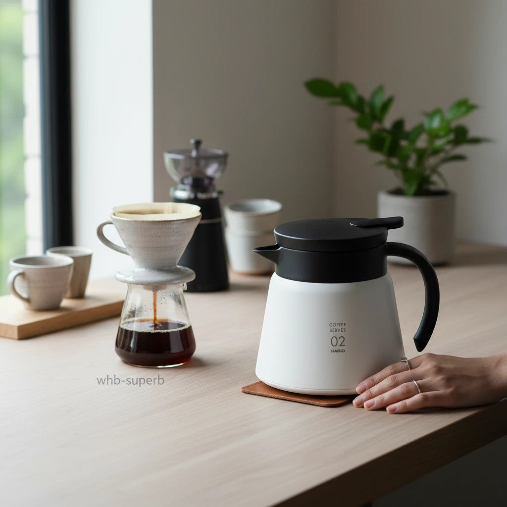 Weiße Hario V60 Teekanne aus Edelstahl und Kunststoff von whb-superb auf einem Holztisch neben einem Kaffeebereiter