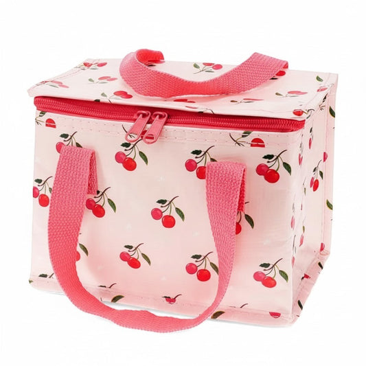 whb-superb isolierte Lunchtasche mit Kirschmuster in Rosa aus recyceltem Kunststoff mit Reißverschluss und Tragegriffen