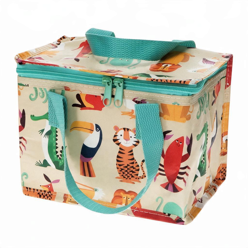 whb-superb isolierte Lunchbox mit buntem Tierdruck, türkisen Griffen und Reißverschluss für Kinder