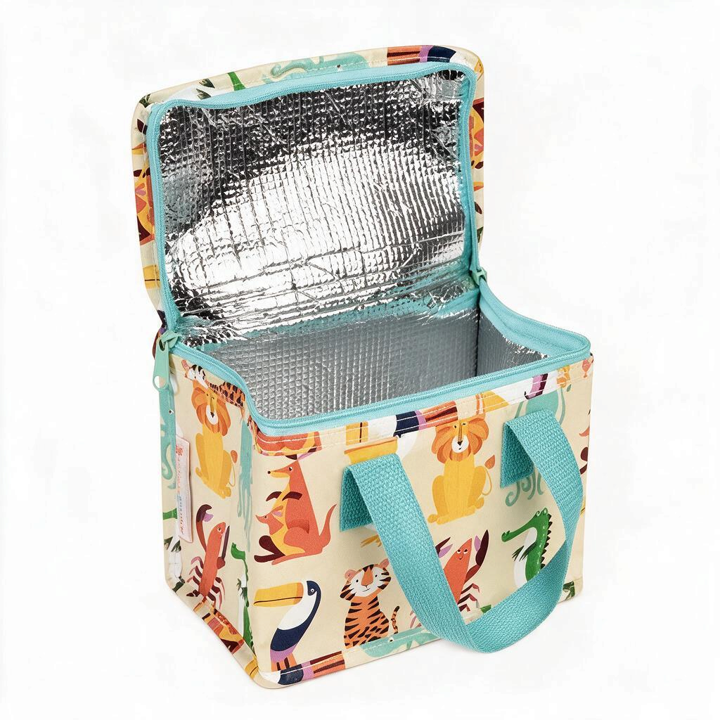 whb-superb isolierte Lunchbox für Kinder mit buntem Tierdruck, silbernem Innenfutter und türkisen Tragegriffen