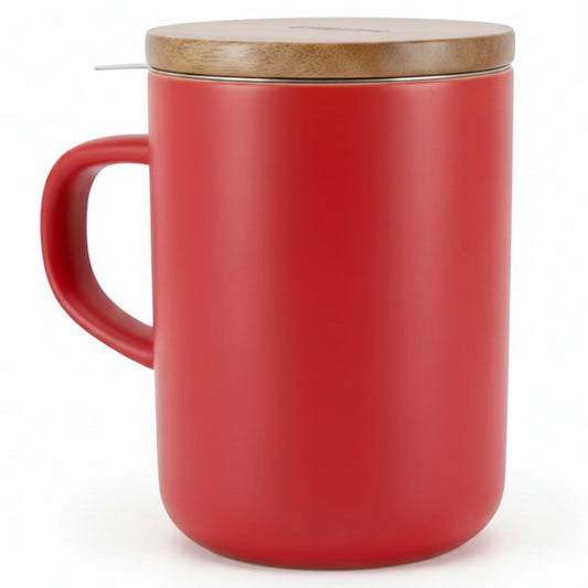whb-superb OGO LIVING Juliet Kräuterteebecher in Paprikarot aus Steinzeug mit Akazienholz-Deckel, 475 ml