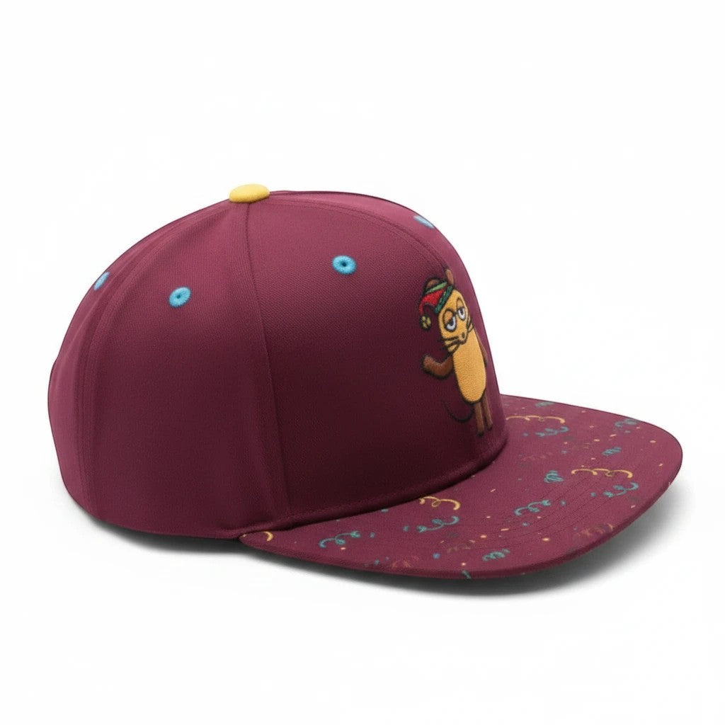 whb-superb Kinder Snapback Cap in Weinrot mit Maus-Motiv und Karneval-Print auf dem Schirm