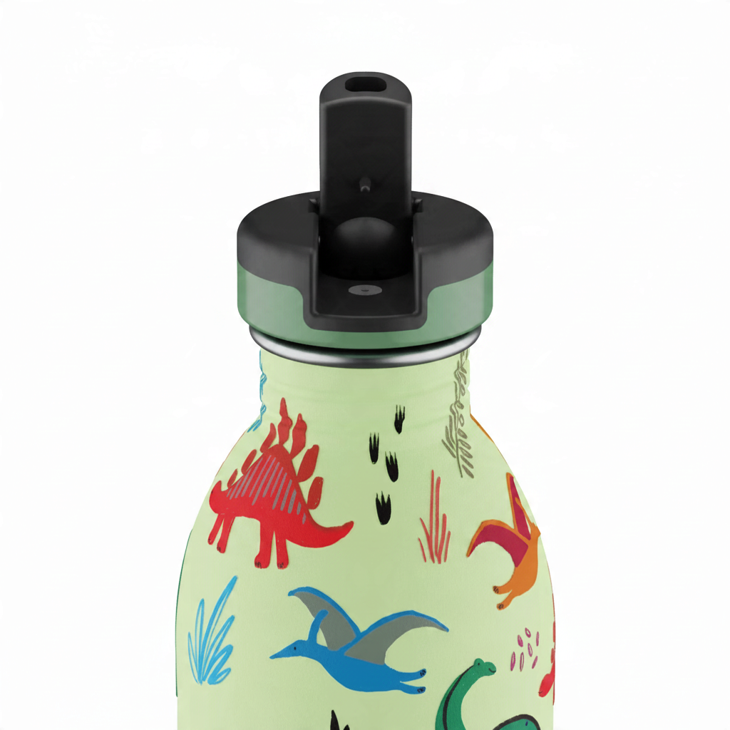whb-superb 24Bottles Kinder-Edelstahltrinkflasche Jurassic Friends mit Strohhalm-Deckel und Dinosaurier-Motiv