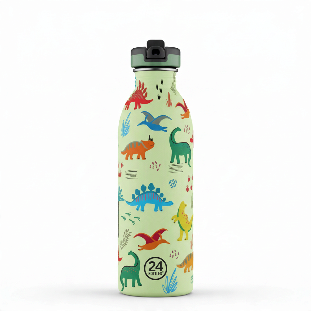 whb-superb 24Bottles Kinder-Trinkflasche aus Edelstahl mit buntem Dinosaurier-Muster und praktischem Trinkverschluss