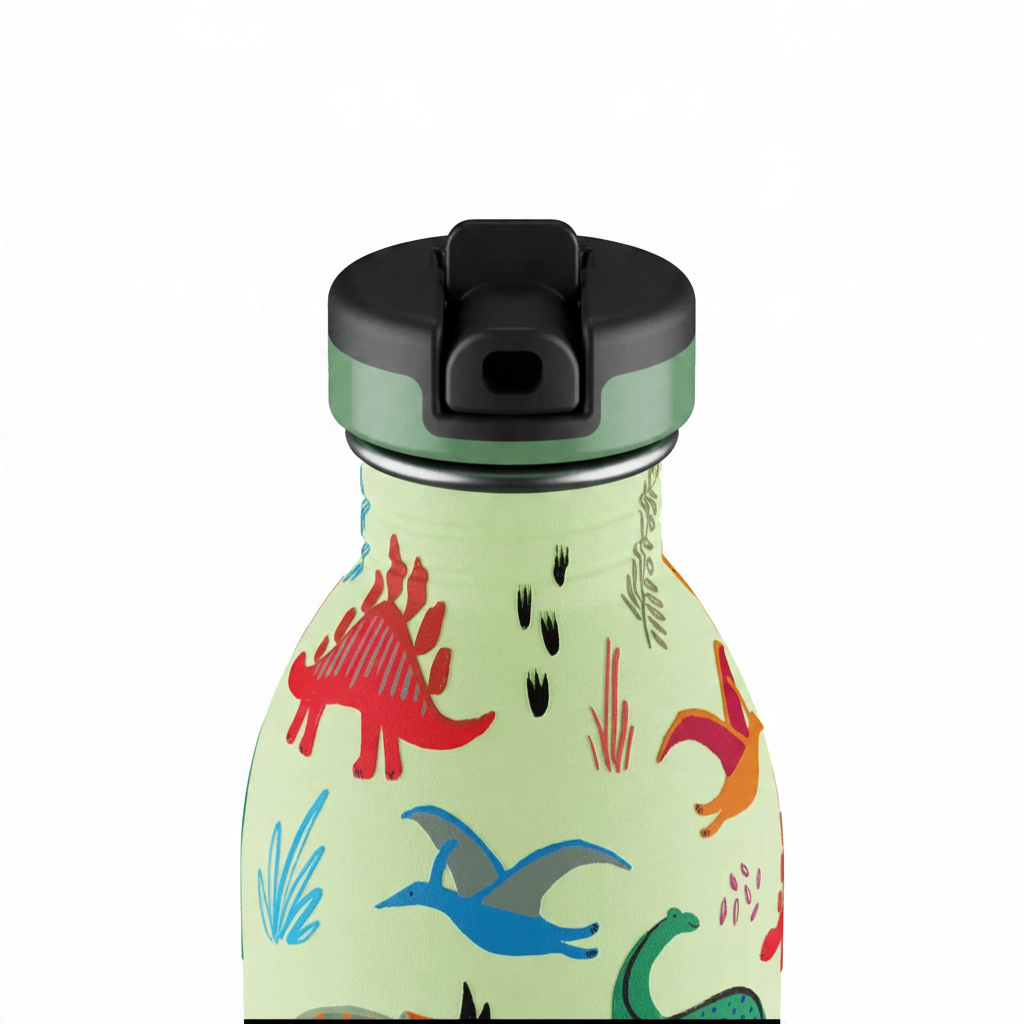 whb-superb 24Bottles Kinder-Trinkflasche aus Edelstahl mit buntem Dinosaurier-Motiv und praktischem Trinkverschluss