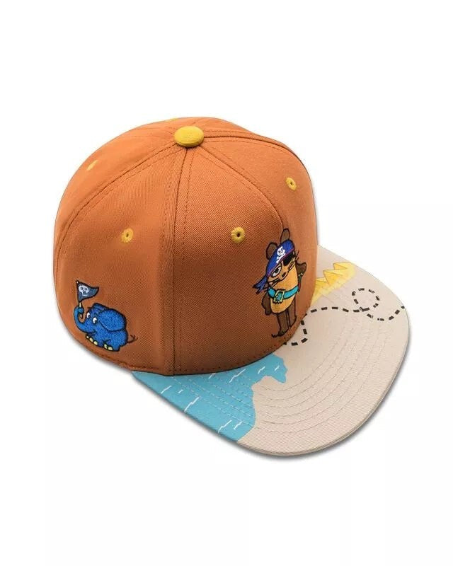 whb-superb koaa Kinder Snapback Pirat in Braun und Beige mit Maus-Stickerei und Schatzkarten-Print auf dem Schirm