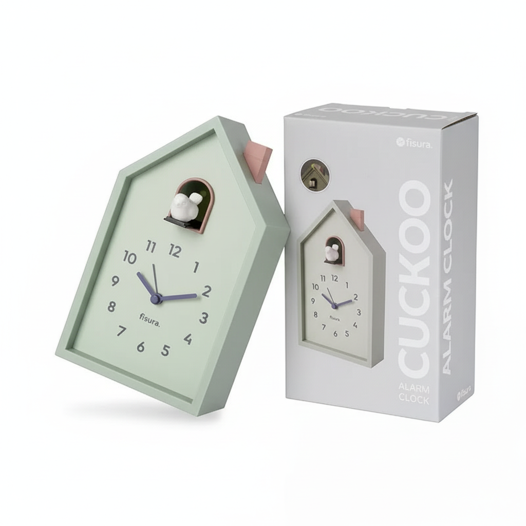 whb-superb Fisura Kuckuckswecker in Mintgrün aus ABS mit Vogel-Motiv und moderner Hausform inklusive Verpackung