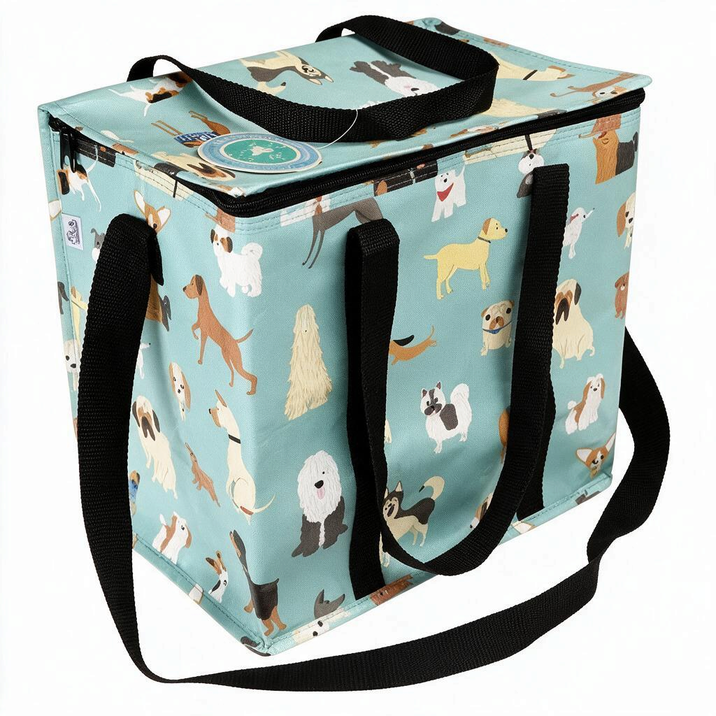 whb-superb Rex London Kühltasche mit buntem Hunde-Muster auf hellblauem Hintergrund, isolierte Snacktasche