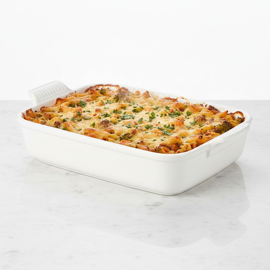 whb-superb Le Creuset rechteckige Auflaufform aus Steinzeug in Citrus mit überbackenem Nudelauflauf