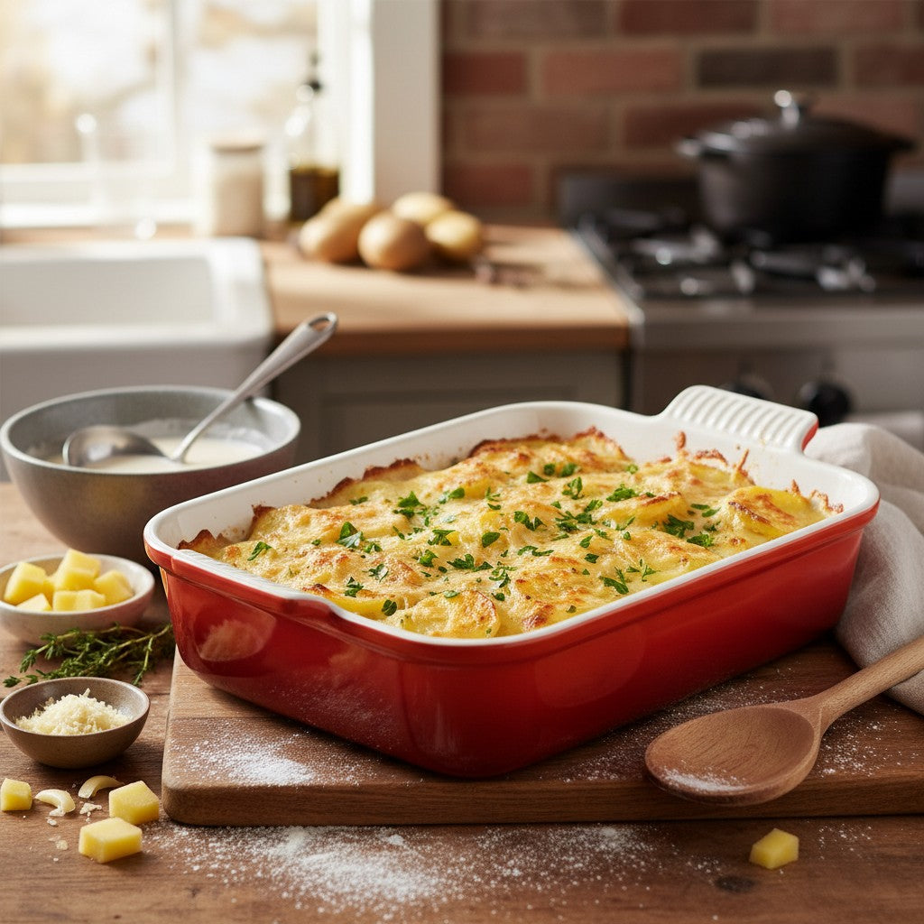 whb-superb Le Creuset Auflaufform in Kirschrot aus Steinzeug gefüllt mit Kartoffelgratin auf einem Holztisch