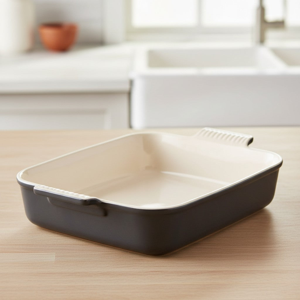 whb-superb Le Creuset rechteckige Auflaufform aus Steinzeug in Meringue auf einem Holztisch in der Küche