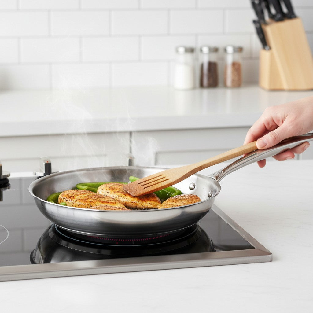 whb-superb LE CREUSET 3-ply PLUS Edelstahlpfanne 30 cm beim Anbraten von Hähnchen auf einem Induktionsherd