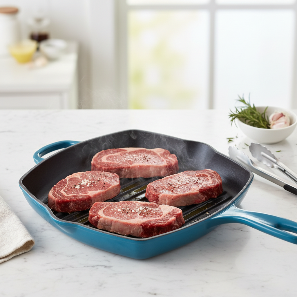 whb-superb LE CREUSET quadratische Gusseisen-Grillpfanne in Deep Teal mit vier rohen Steaks auf einer Küchenarbeitsplatte