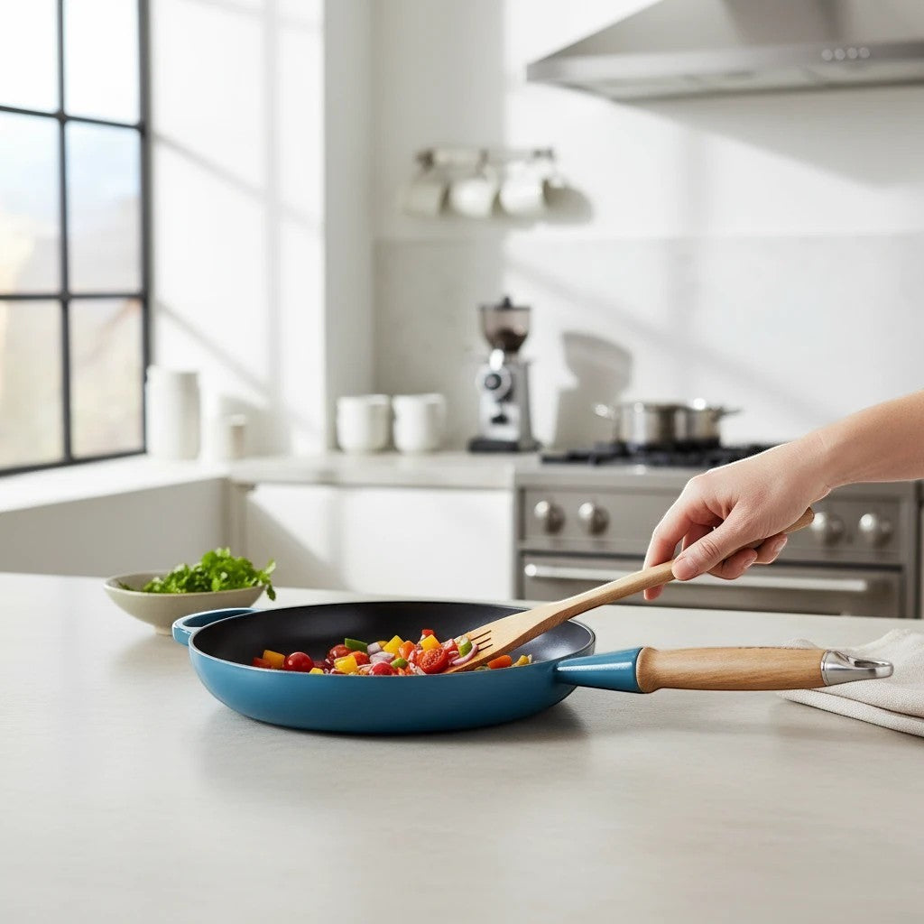 Le Creuset Signature Gusseisen Bratpfanne 28 cm Deep Teal mit Holzgriff, ideal zum Braten