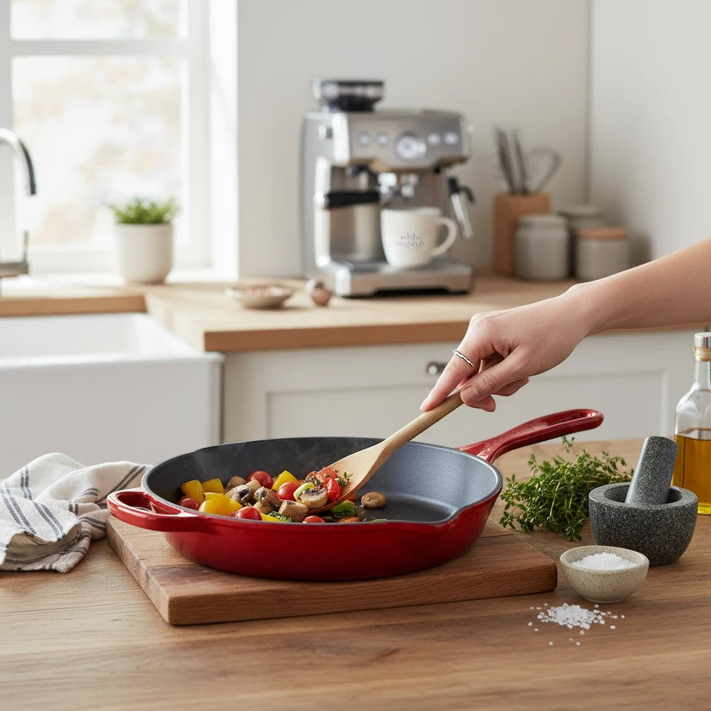 whb-superb Le Creuset Gusseisen-Bratpfanne in Kirschrot beim Anbraten von Gemüse in einer hellen Küche