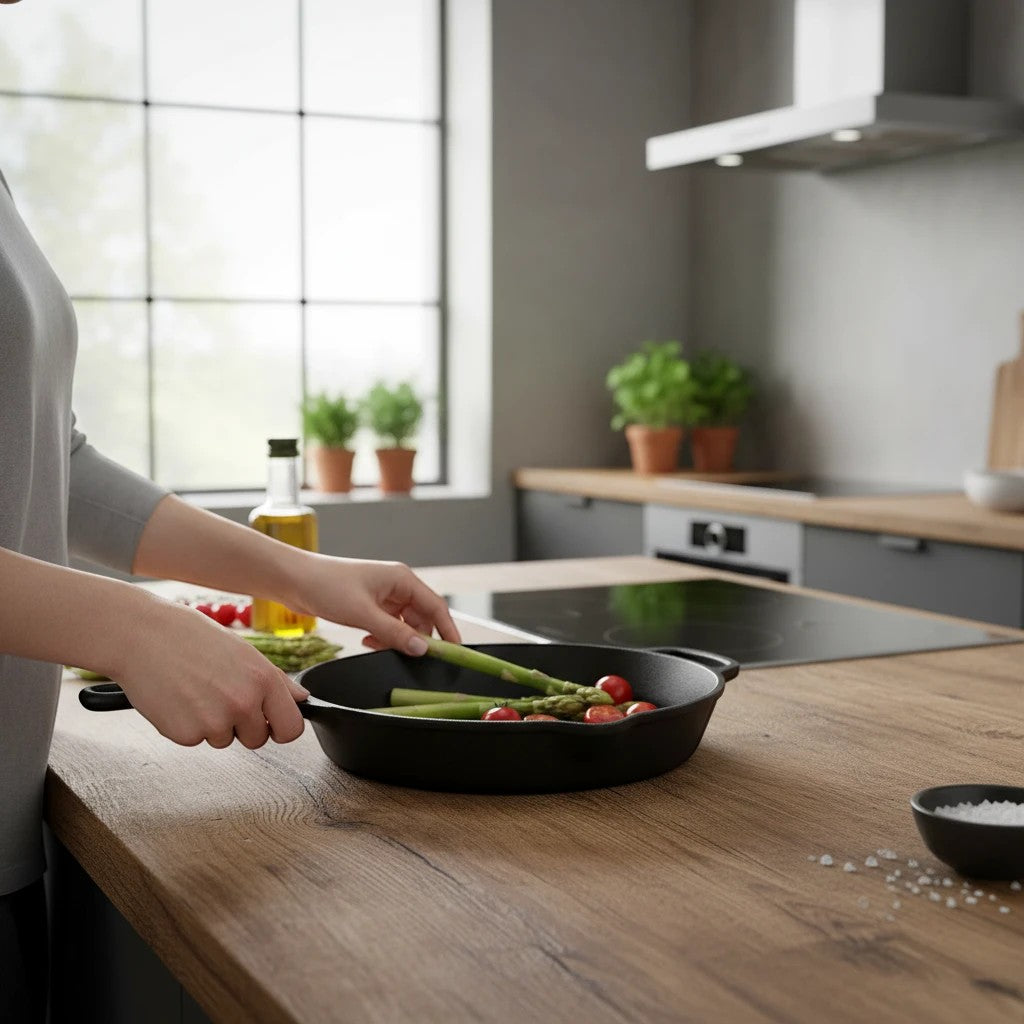 whb-superb Le Creuset Gusseisen Bratpfanne 26 cm in Schwarz matt mit Spargel in moderner Küche