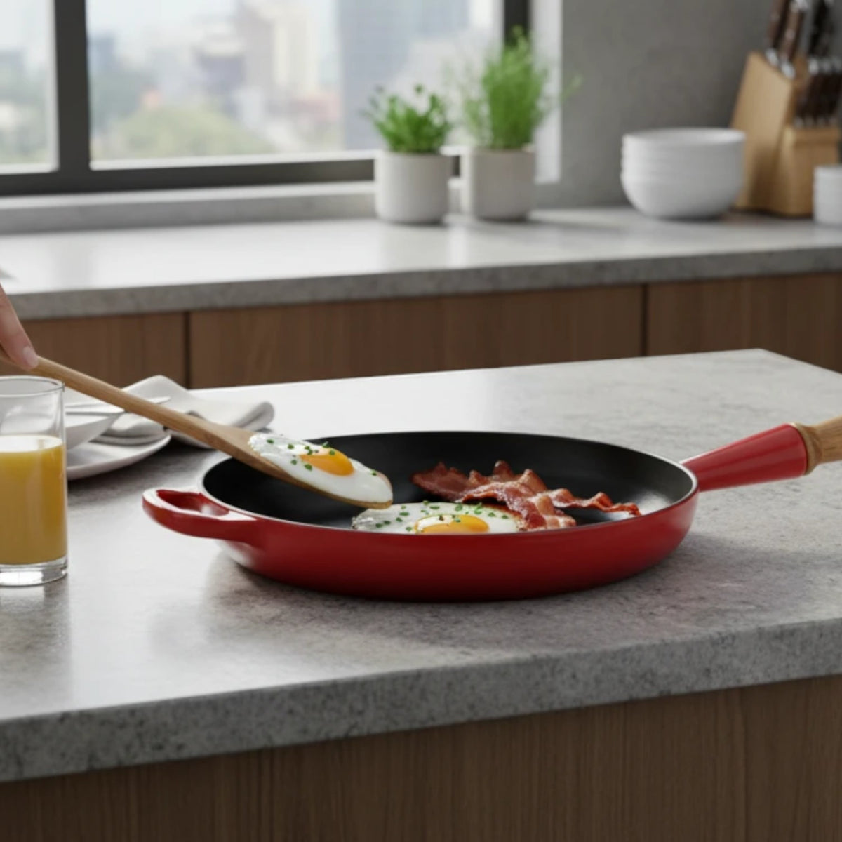 whb-superb LE CREUSET Signature Gusseisen-Bratpfanne in Kirschrot mit Holzgriff beim Braten von Eiern und Speck