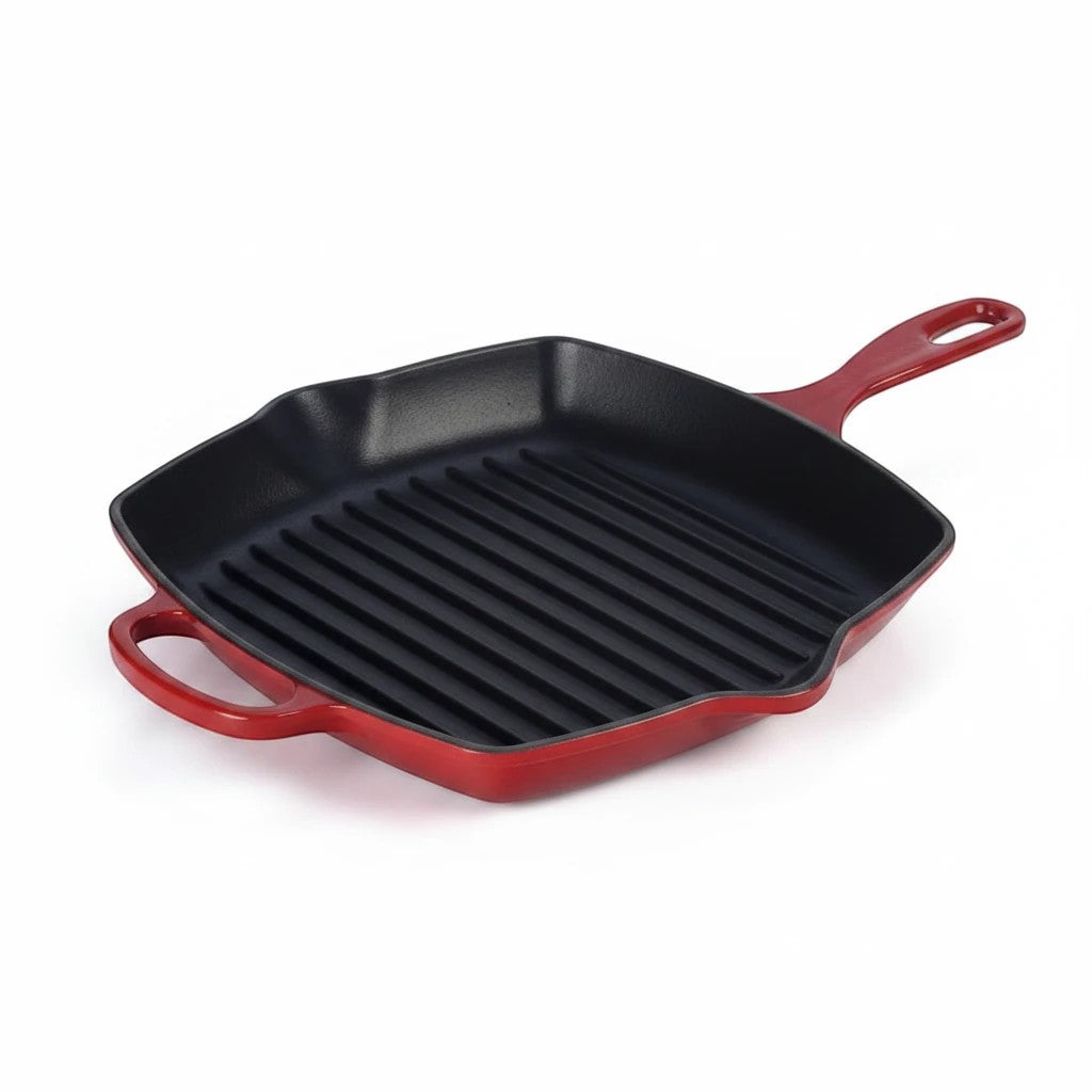 whb-superb Le Creuset Signature Gusseisen-Grillpfanne in Kirschrot mit Grillrippen und zwei Griffen