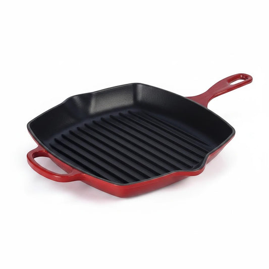 whb-superb Le Creuset Signature Gusseisen-Grillpfanne in Kirschrot mit Grillrippen und zwei Griffen